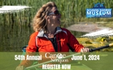 woman smiling in kayak with Scugog Shores Museum logo in top right and overlayed text on bottom reading '54th Annual Canoe the Nonquon June 1, 2024, Register Now'